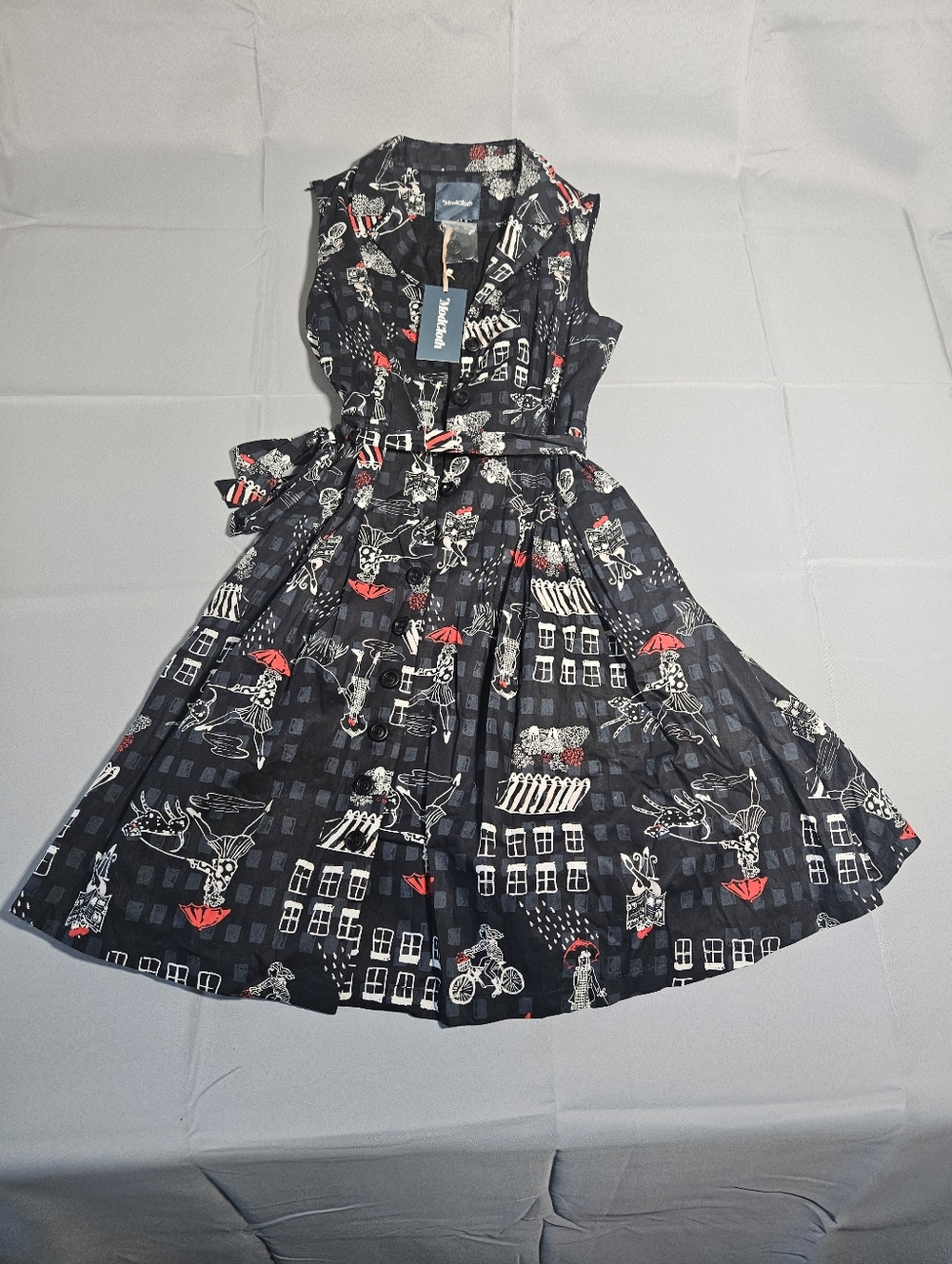 Modcloth Black Pinup Sleeveless Community Brunch Cotton Rockabilly Midi Sz L NWT - Picture 2 of 7